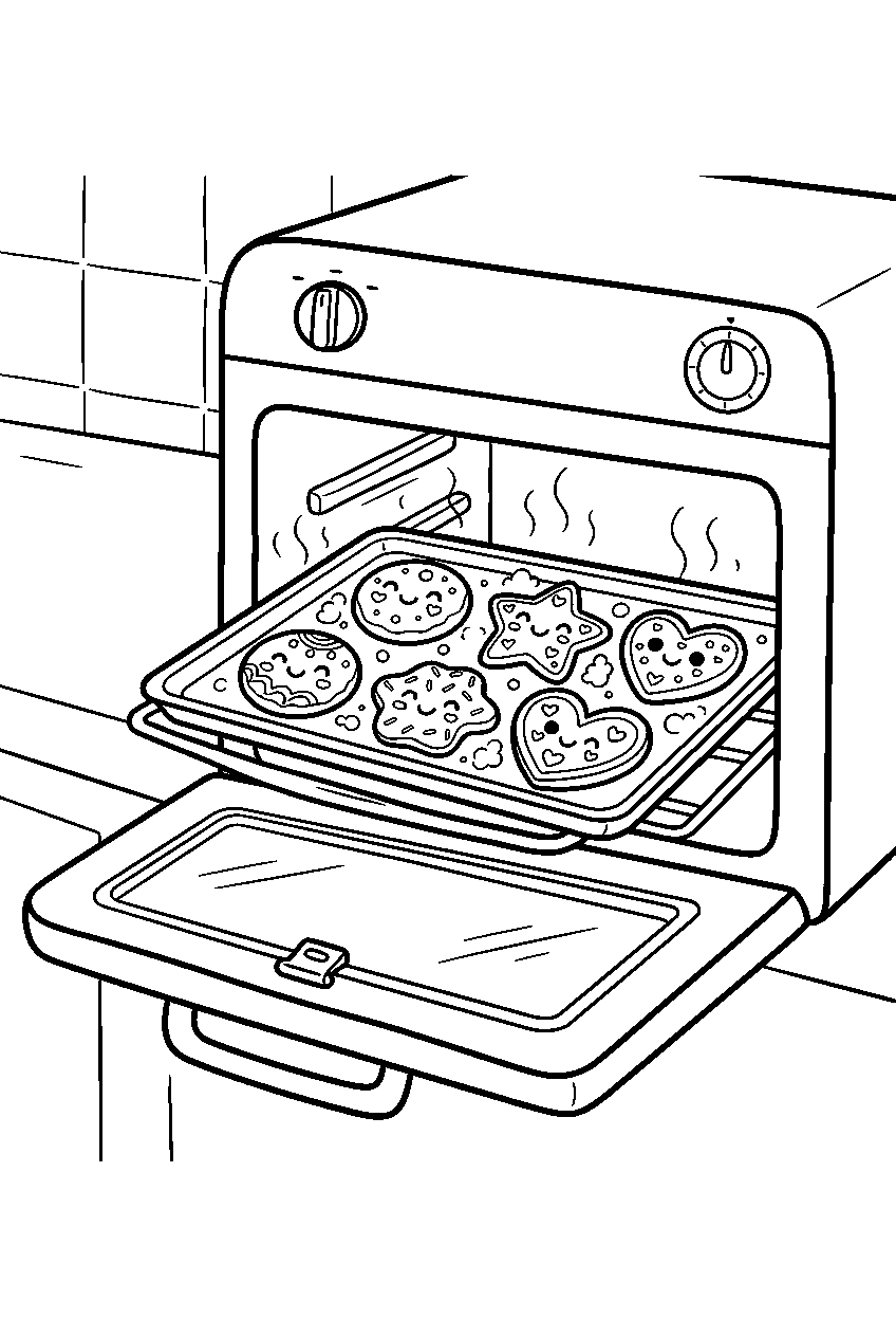 cute cookies smiling while baking on tray inside home oven line art