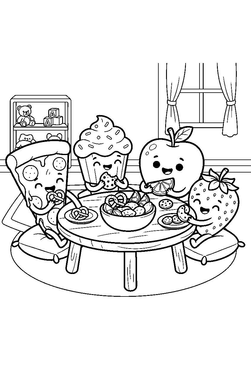 cute food characters sharing snacks in playroom line art