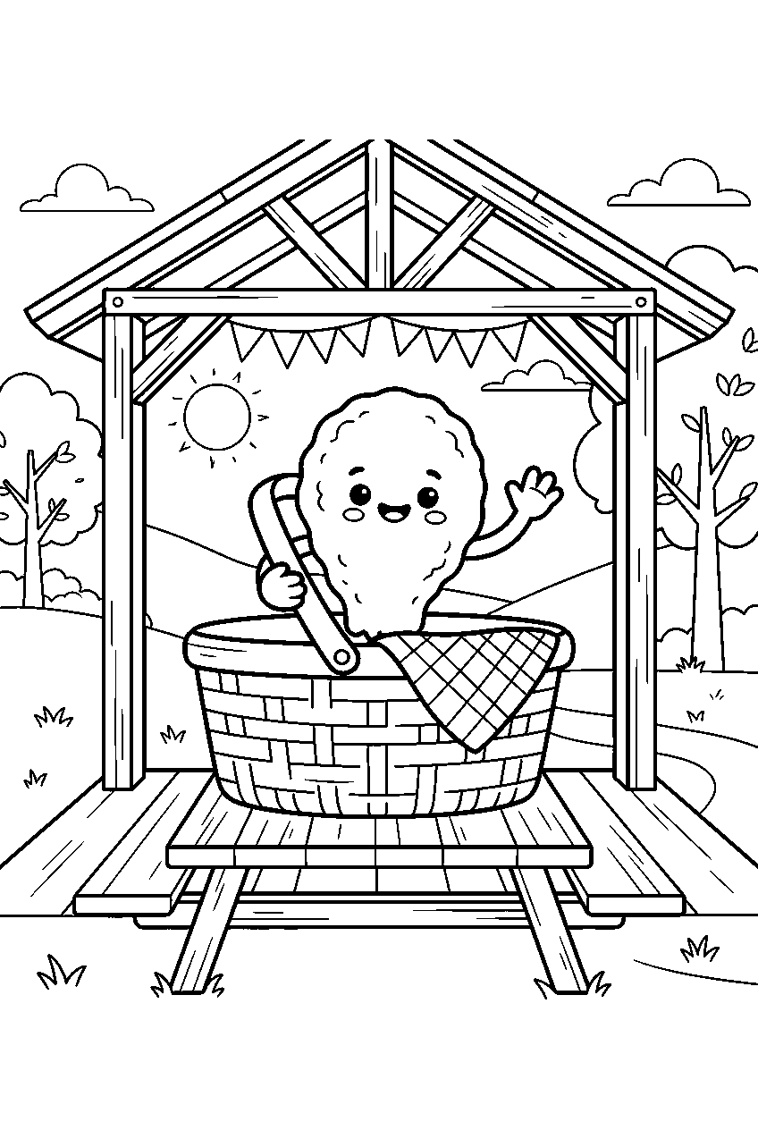 cute fried chicken character waving from picnic basket at park pavilion line art