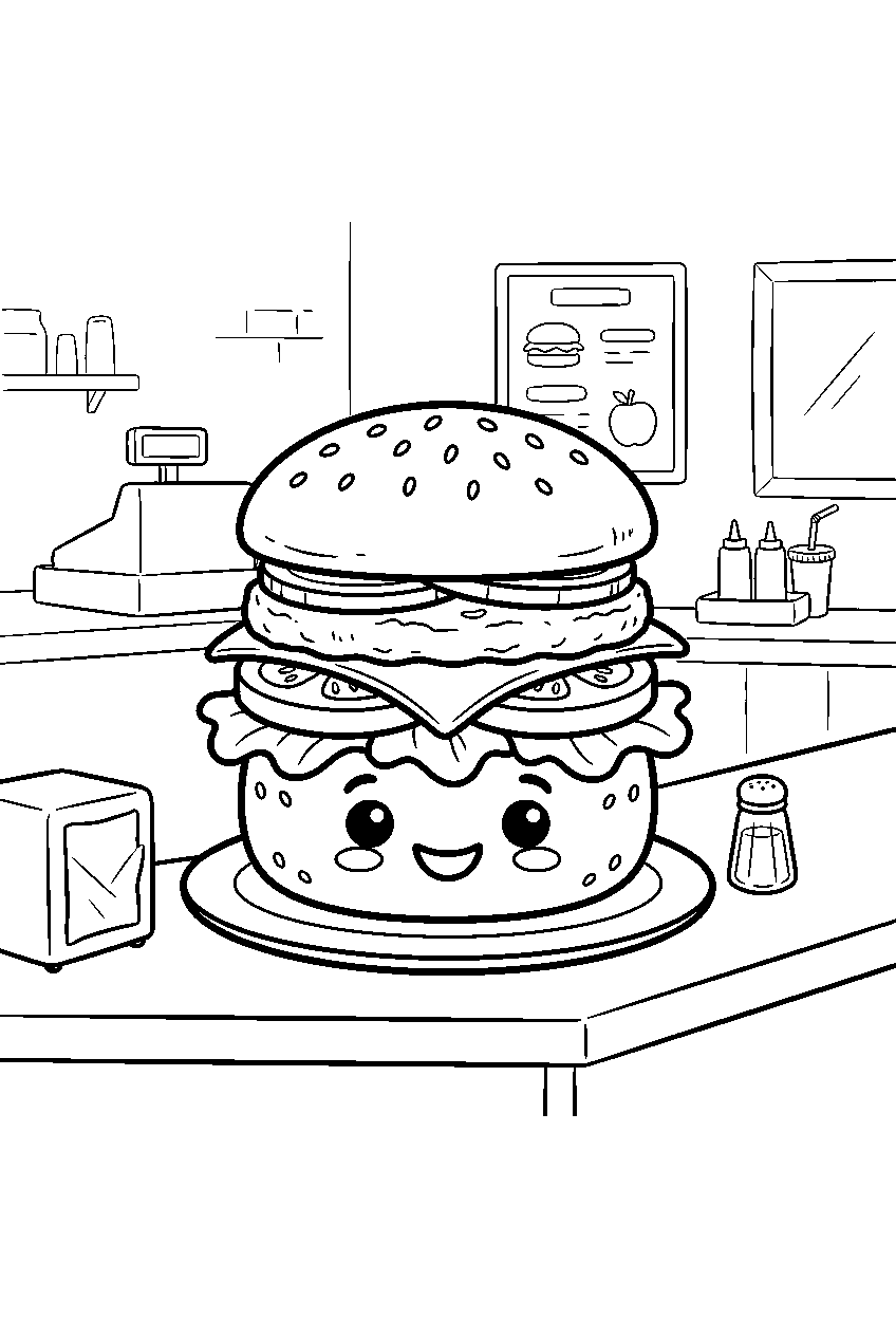 cute hamburger smiling beneath stacked toppings at restaurant counter line art