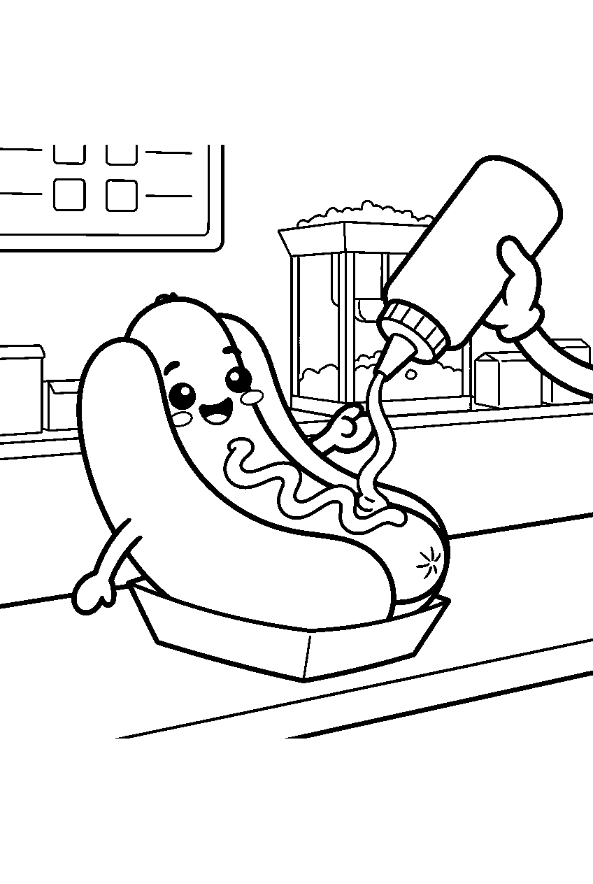 cute hot dog smiling while receiving mustard at stadium concession stand line art