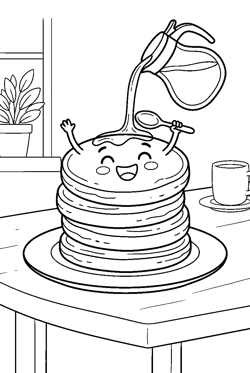 cute pancake stack laughing while catching syrup at breakfast cafe line art