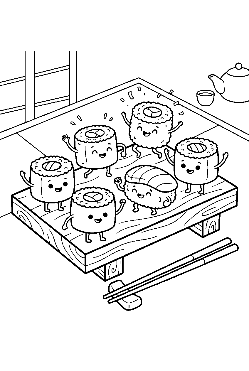 cute sushi rolls cheering on restaurant platter line art