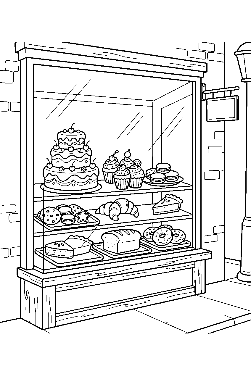 desserts displayed inside bakery shop window line art