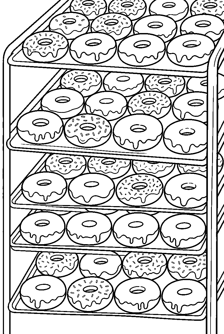 donuts covered with glaze on donut shop rack line art