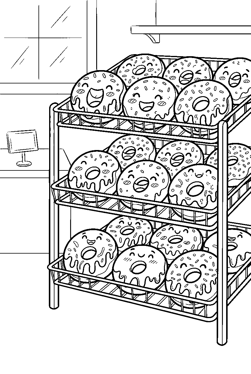 donuts laughing beneath dripping glaze on donut shop rack line art