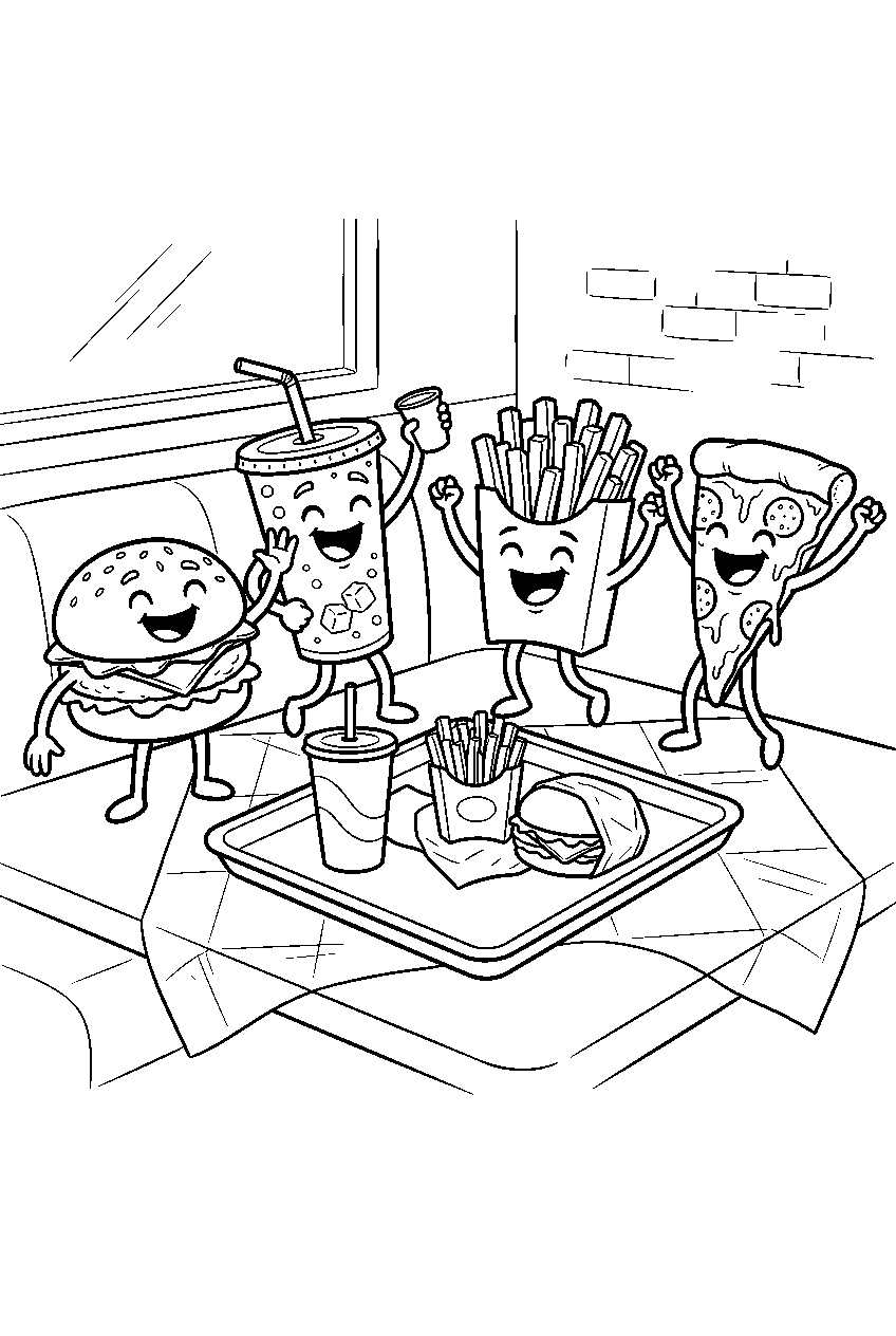 fast food characters cheering beside meal tray in diner line art