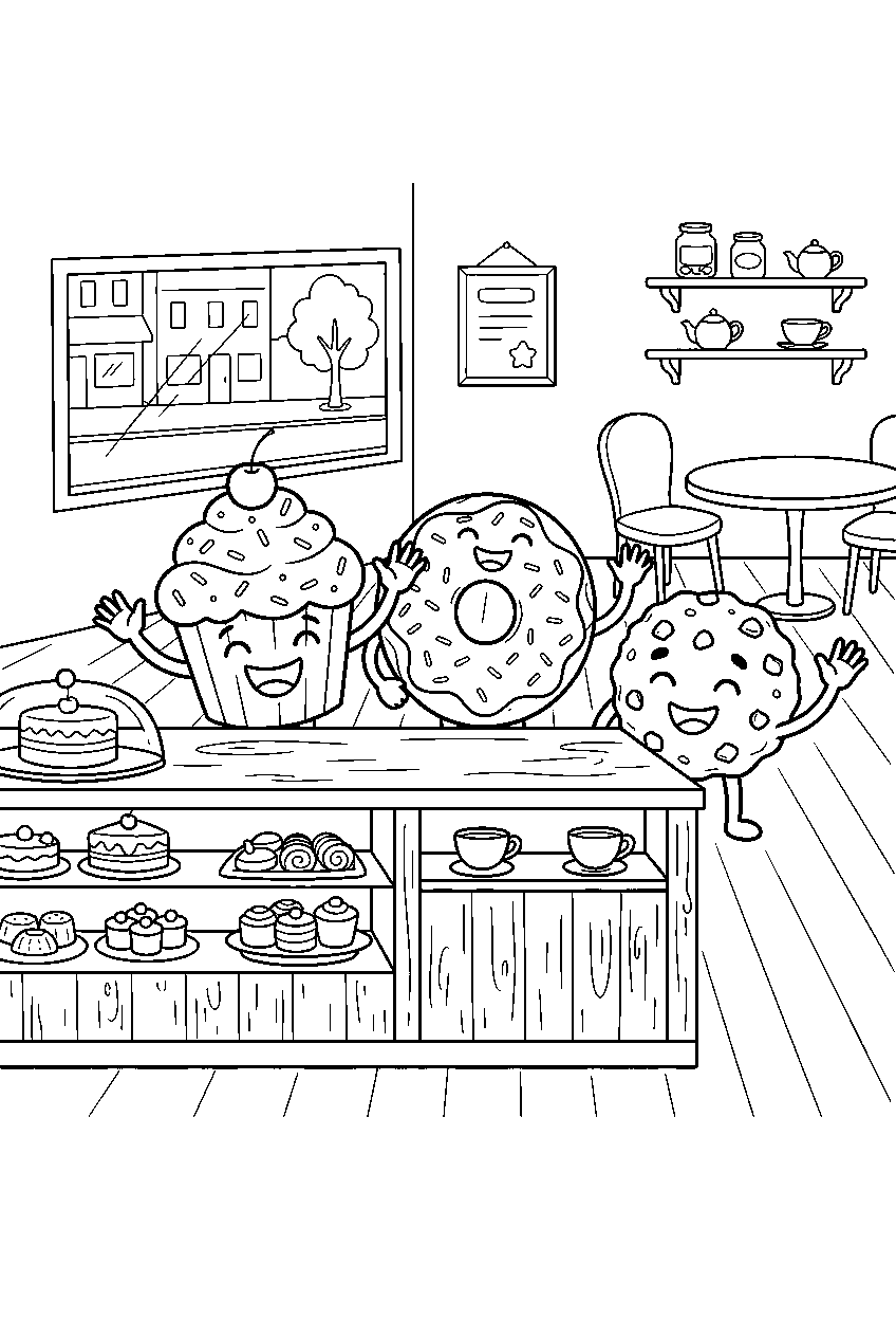 food characters laughing while waving inside dessert cafe line art