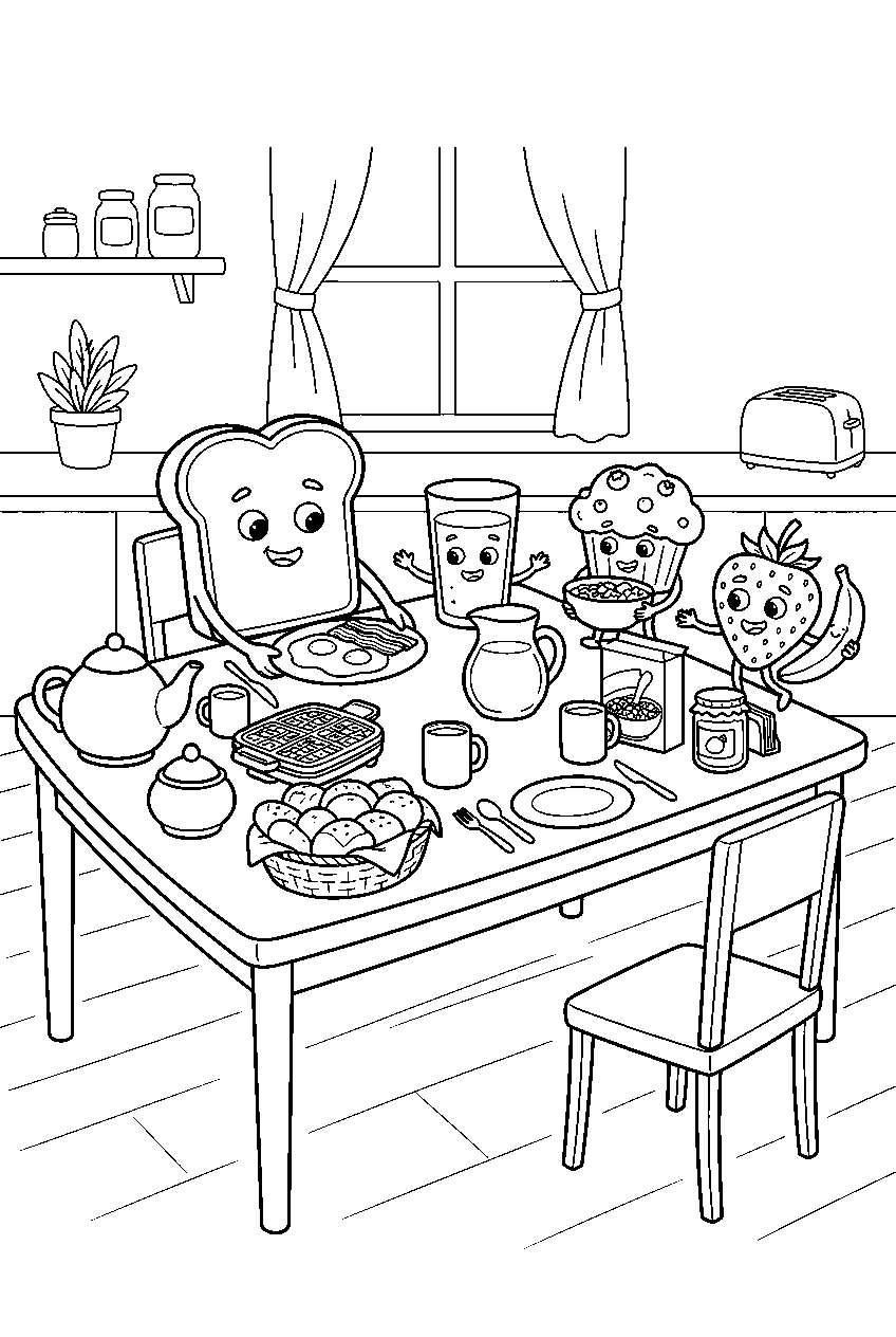 food characters smiling while arranging breakfast on kitchen table line art