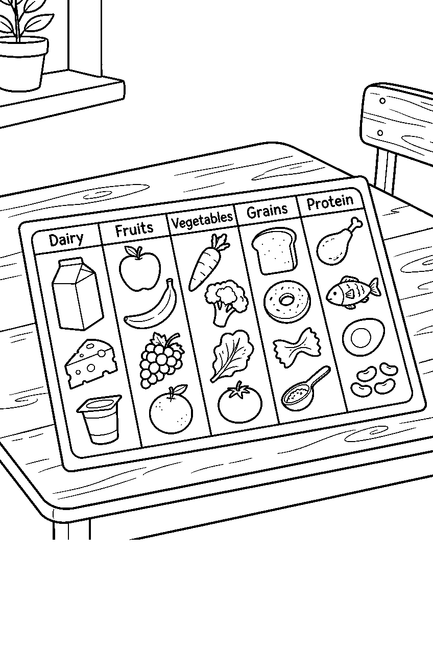 food groups sorted onto chart at classroom table line art