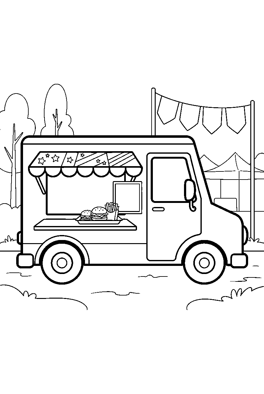 food truck serving burgers at outdoor festival line art