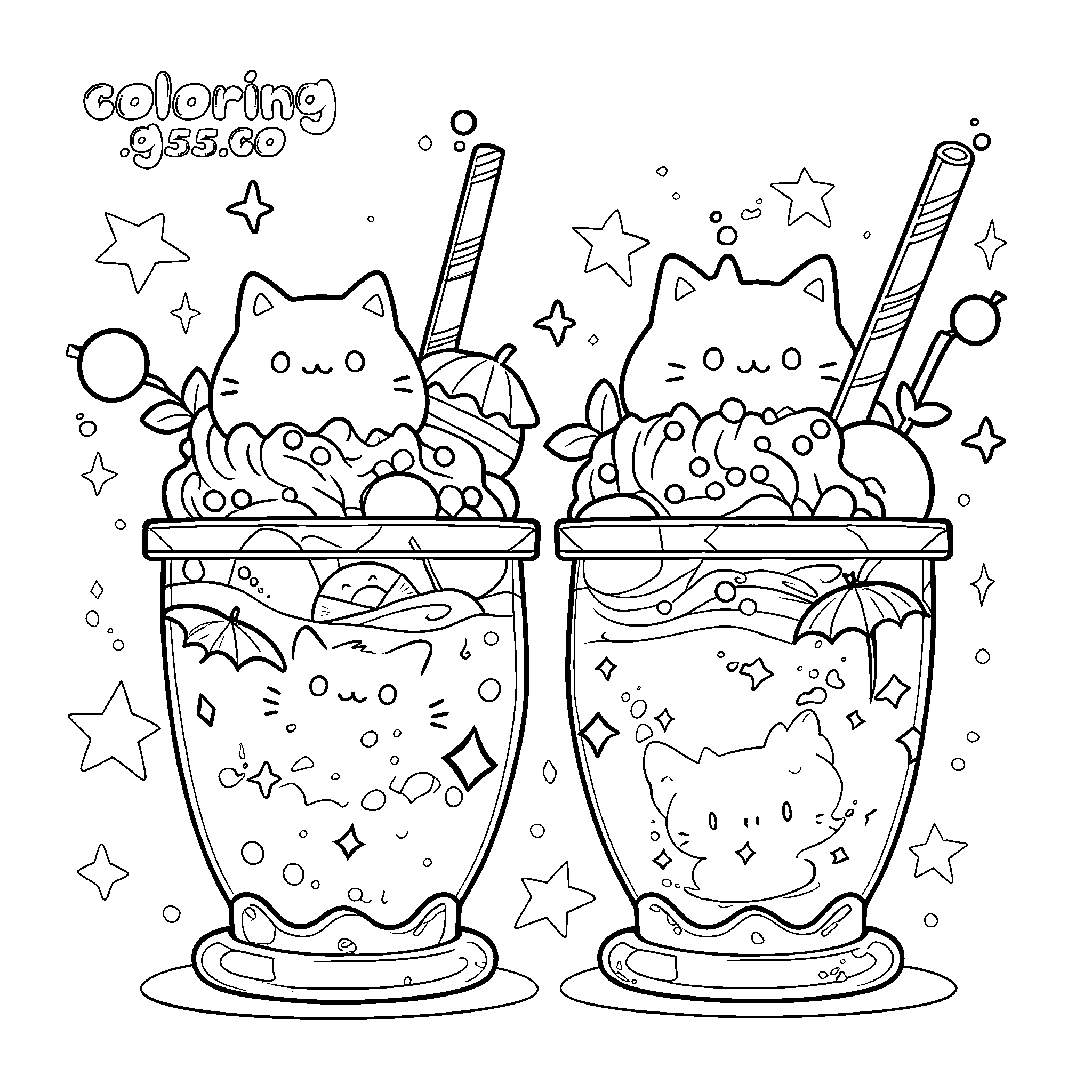 kawaii cat boba drink line art for kids