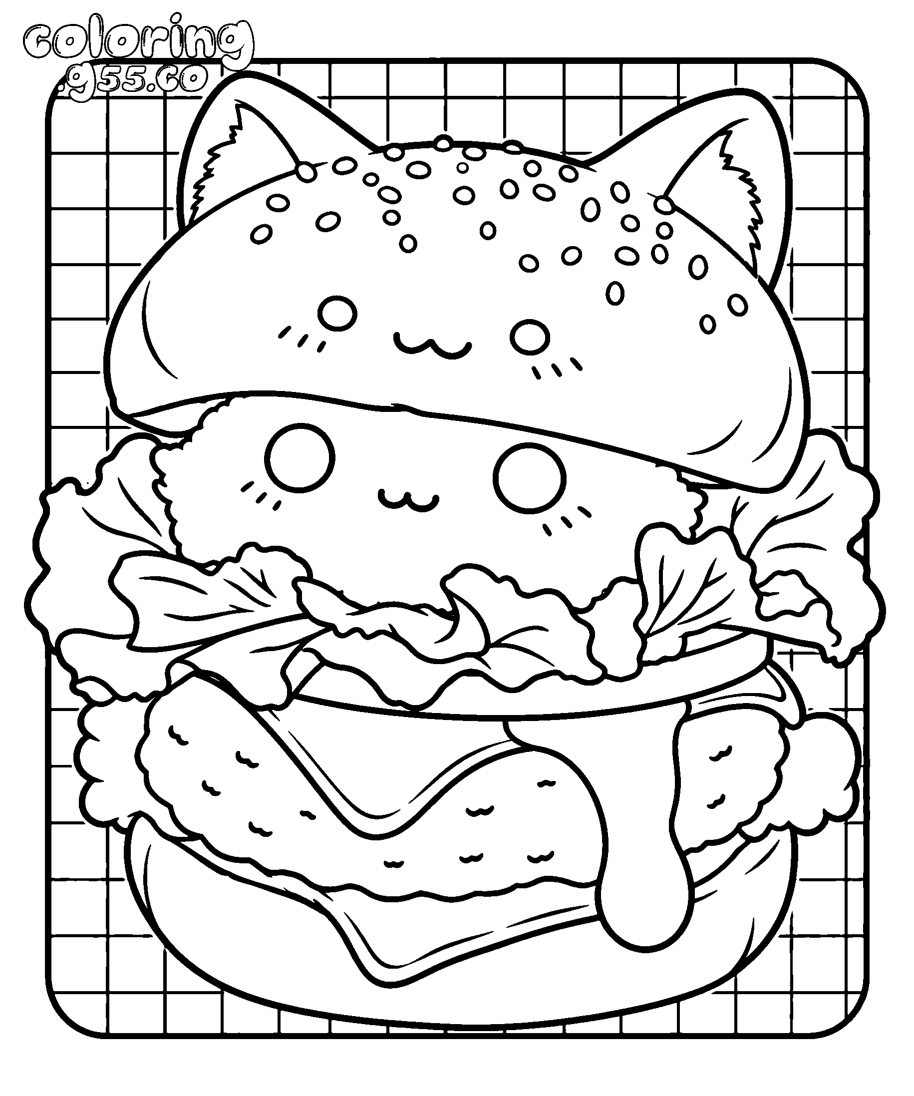 kawaii cat burger line art for kids