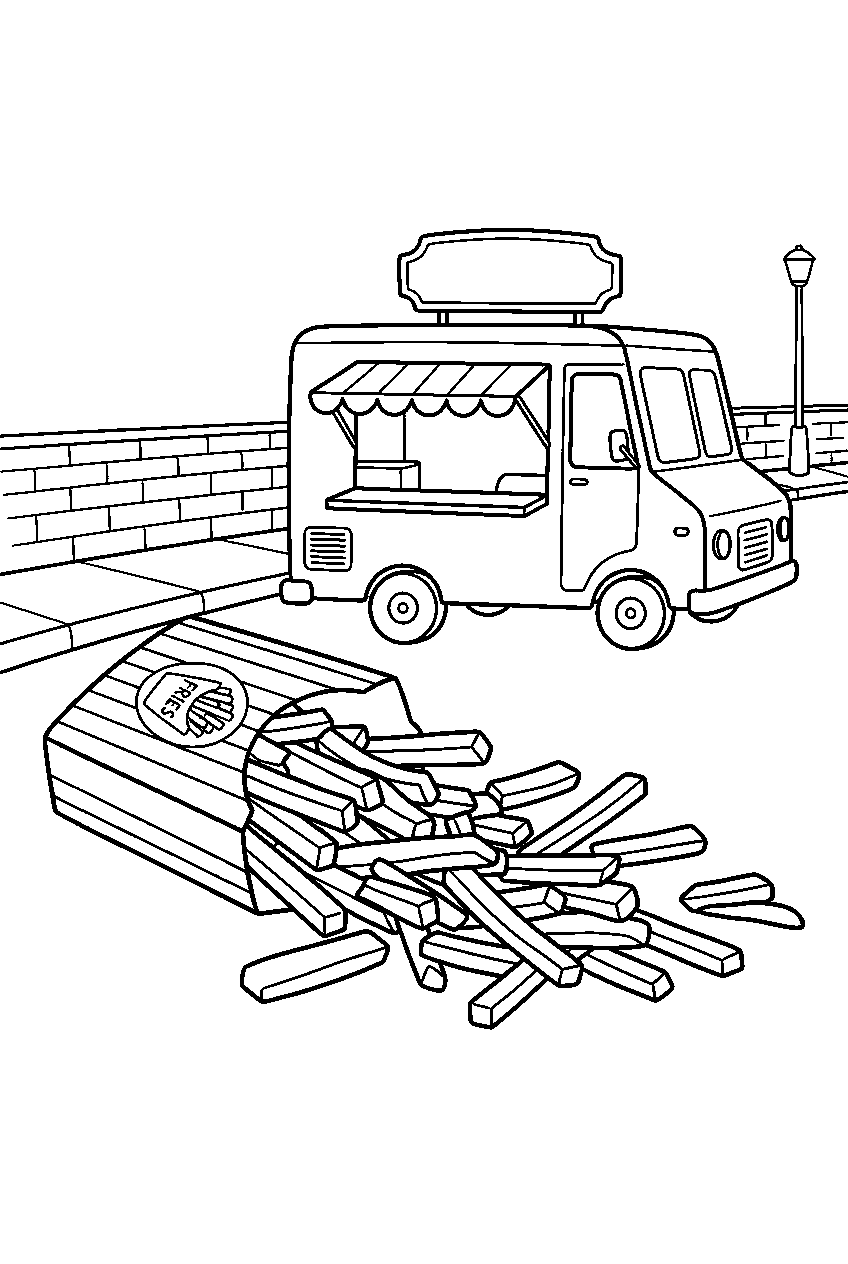 french fries spilling from carton at food truck line art