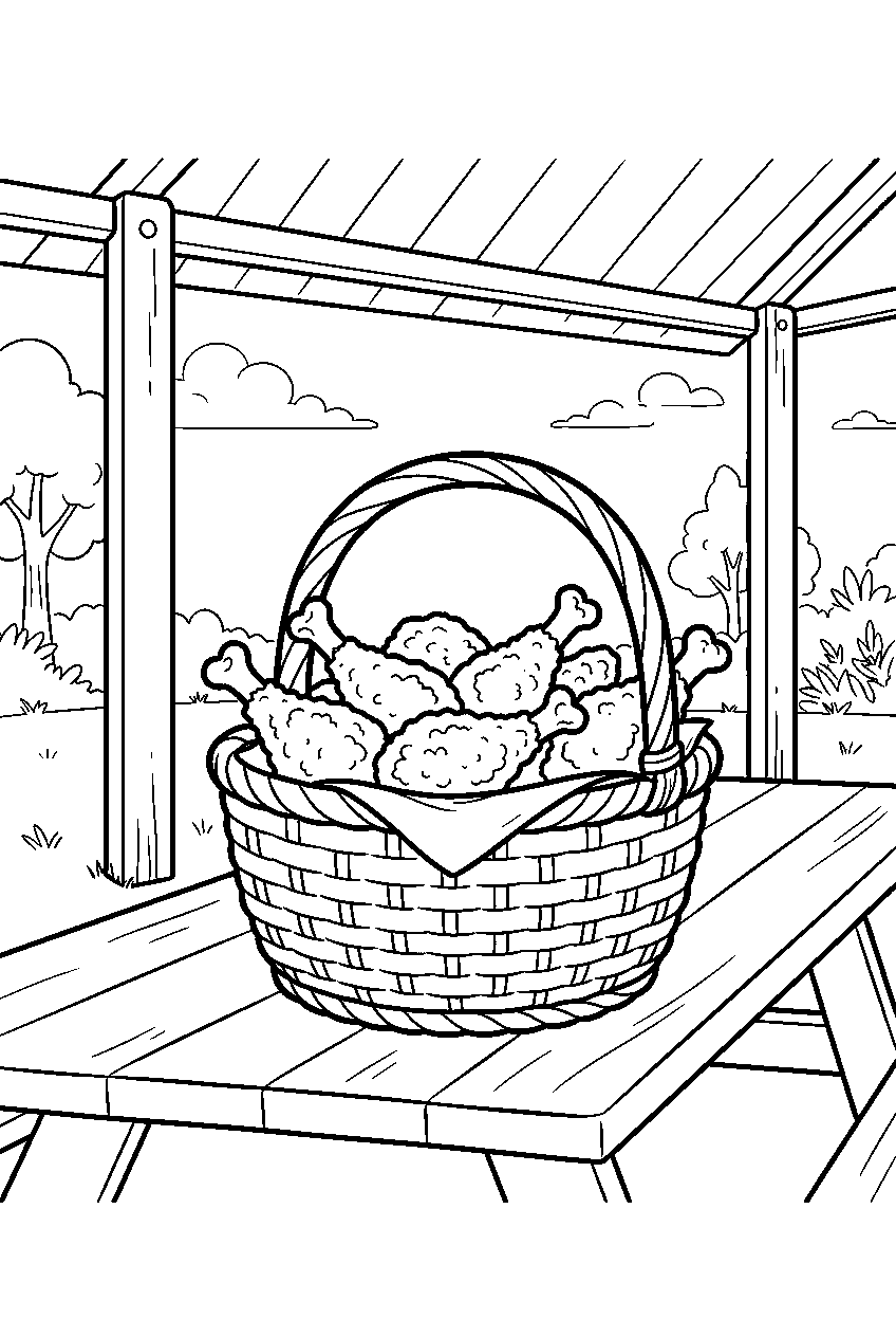 fried chicken served in picnic basket at park pavilion line art