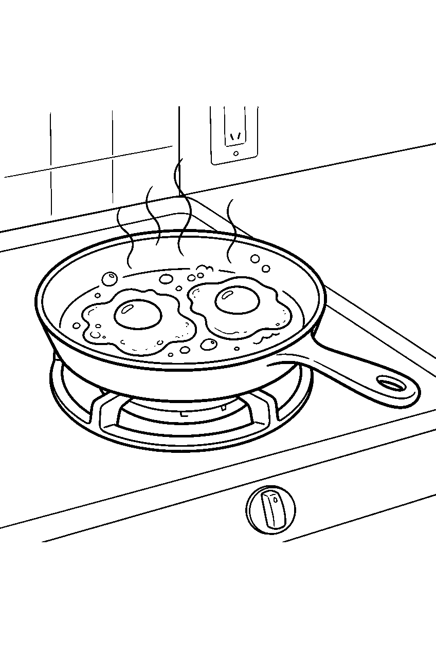 fried eggs sizzling in skillet on kitchen stove line art