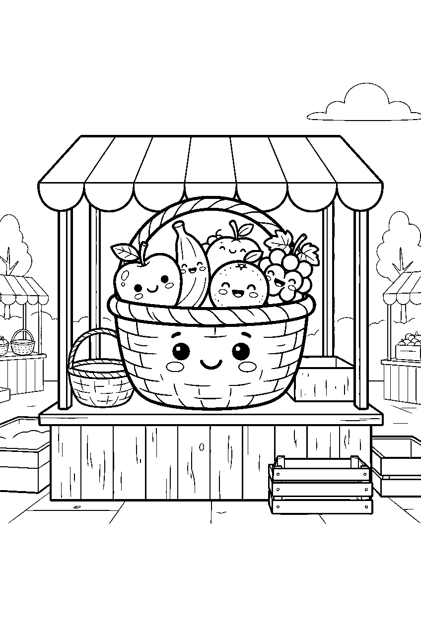 fruit basket characters smiling at farmers market stall line art