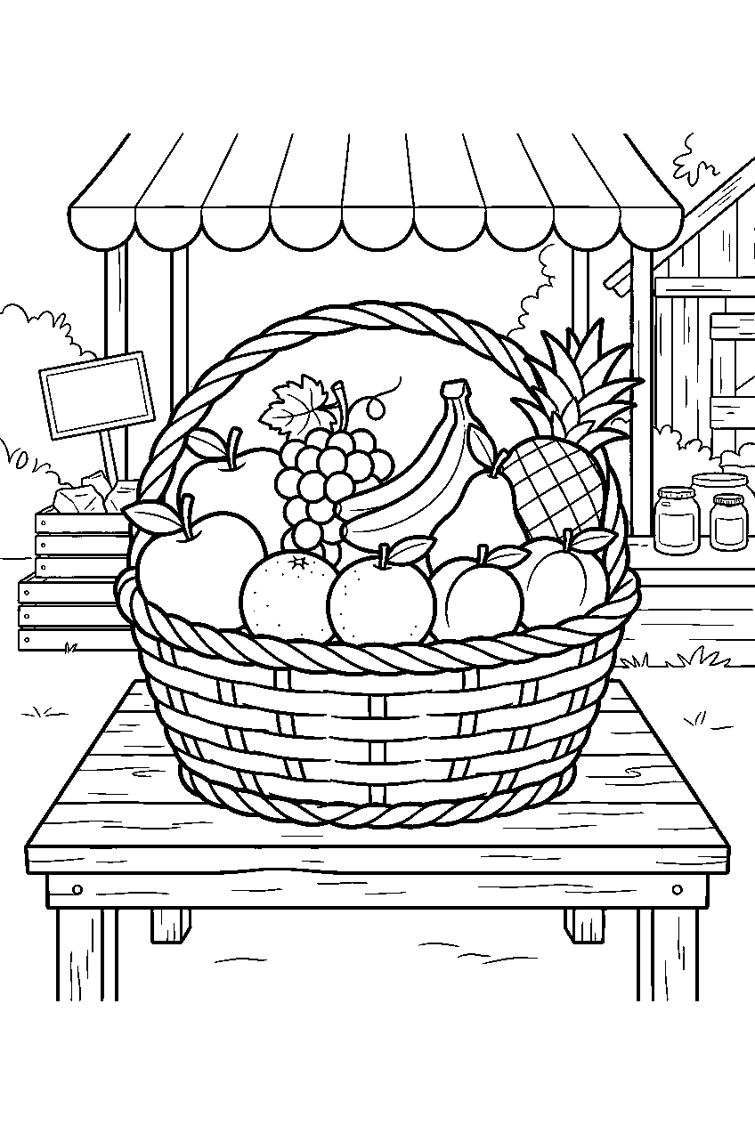 fruit basket displayed at farmers market stall line art