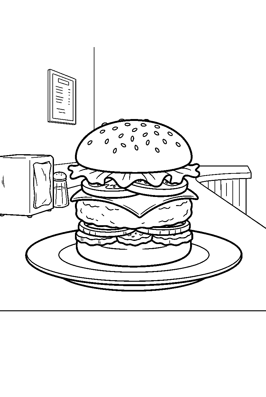 hamburger stacked with toppings at restaurant counter line art