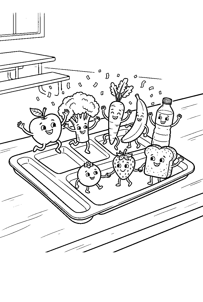 healthy food characters celebrating on cafeteria lunch tray line art