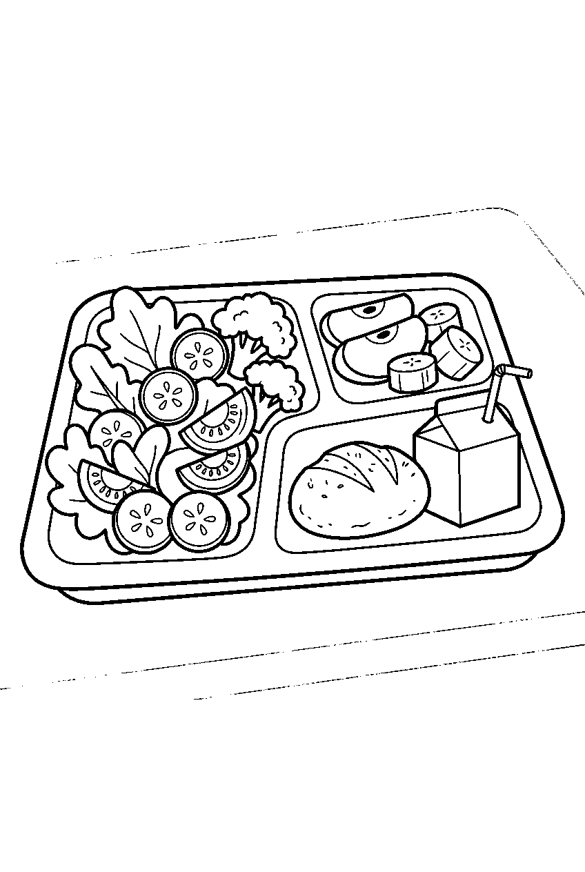 healthy foods arranged on cafeteria lunch tray line art