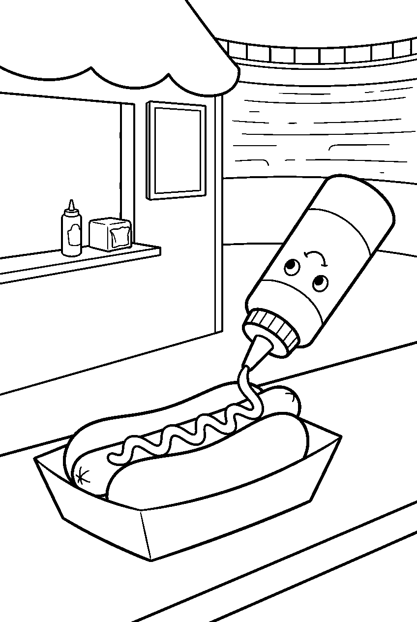 hot dog receiving mustard at stadium concession stand line art