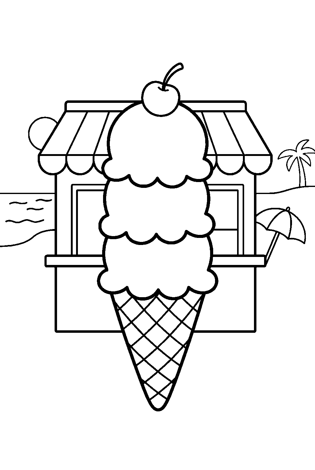 ice cream scoops stacked in cone at beach stand line art