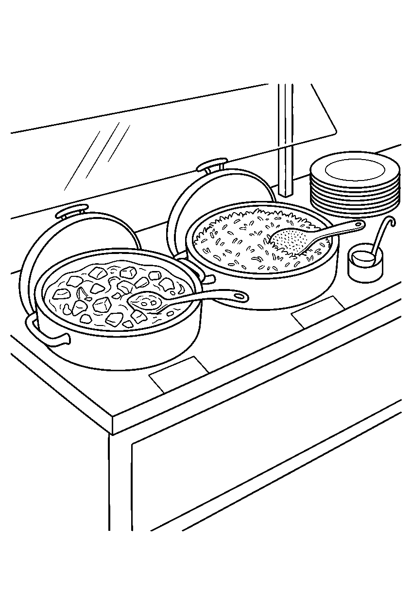 indian curry served with rice at buffet counter line art