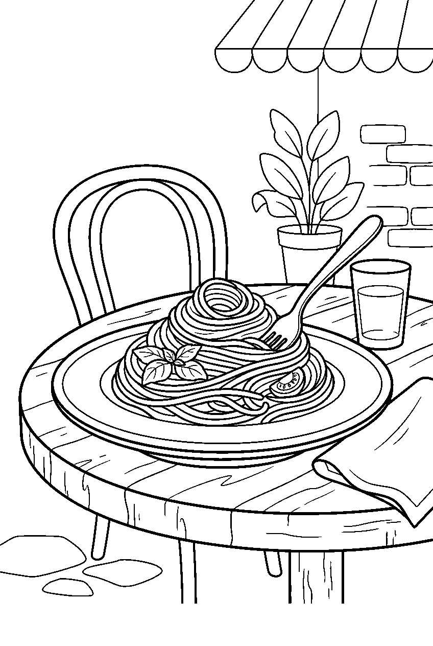 italian pasta twirled on plate at cafe terrace line art