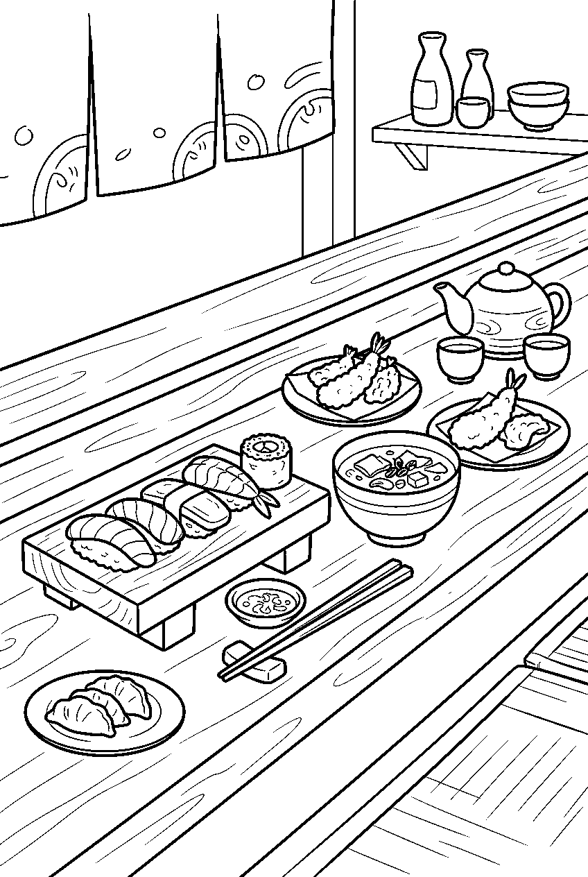 japanese food served on sushi bar counter line art