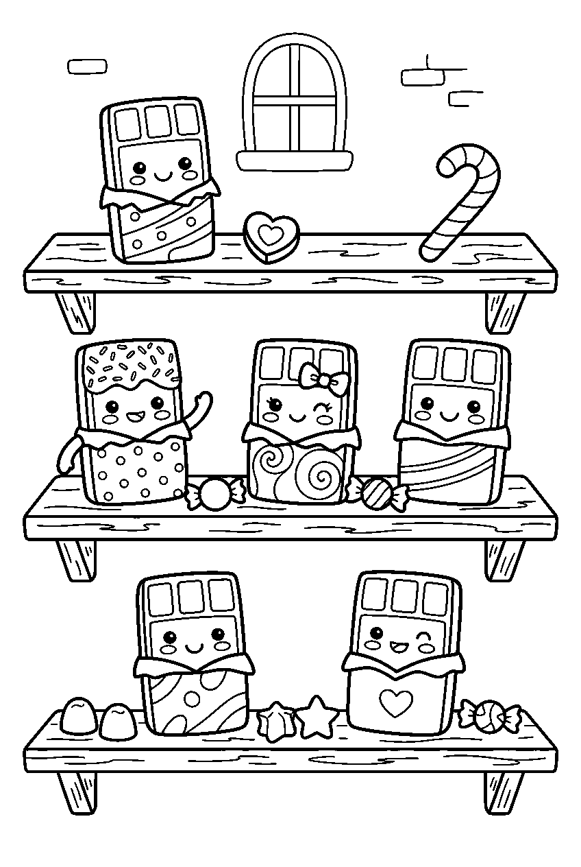 kawaii chocolate bar characters smiling on candy store shelf line art