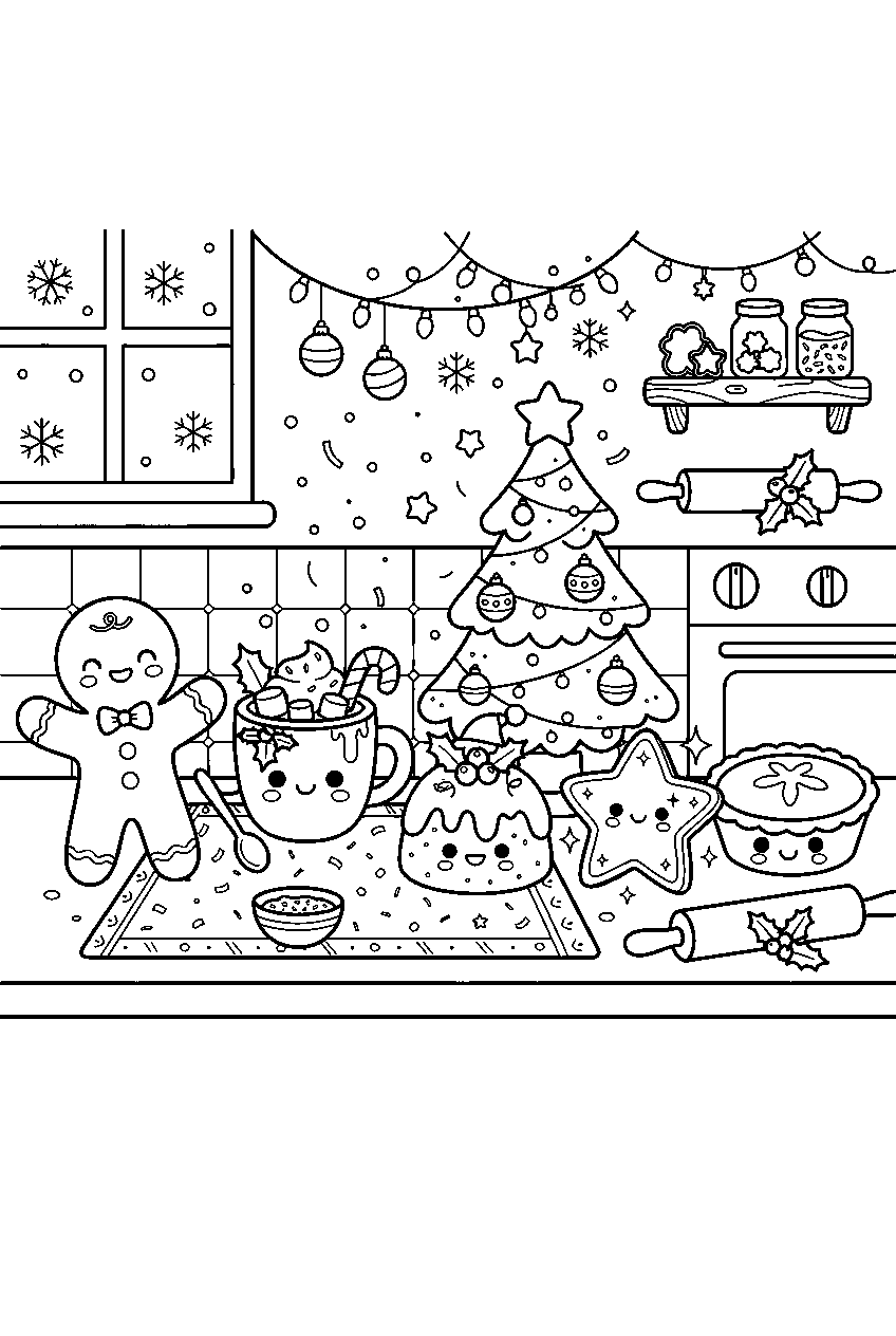kawaii christmas food characters celebrating on holiday kitchen counter line art