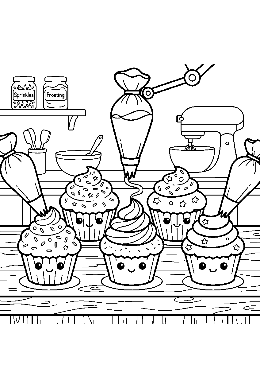 kawaii cupcakes smiling while receiving frosting at bakery decorating station line art