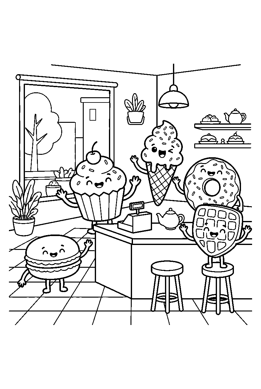 kawaii food characters waving inside dessert cafe line art