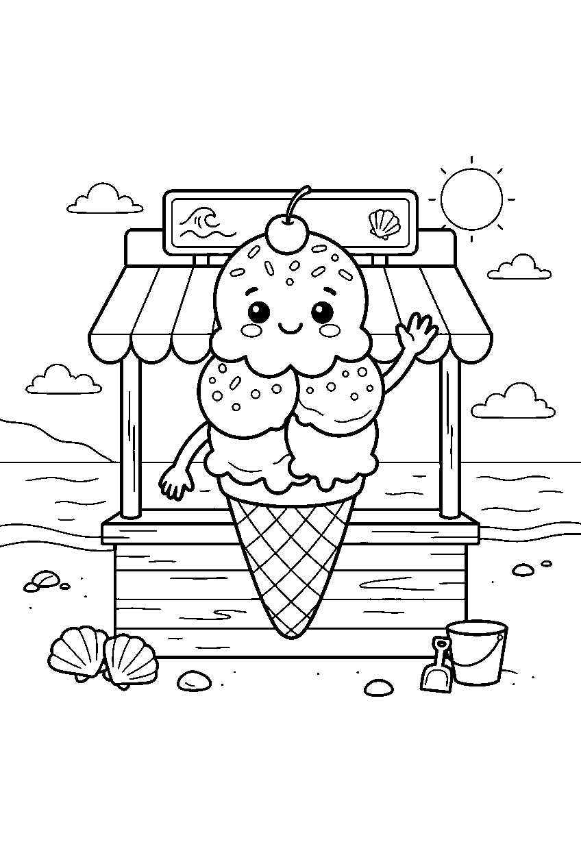 kawaii ice cream scoops waving from cone at beach stand line art
