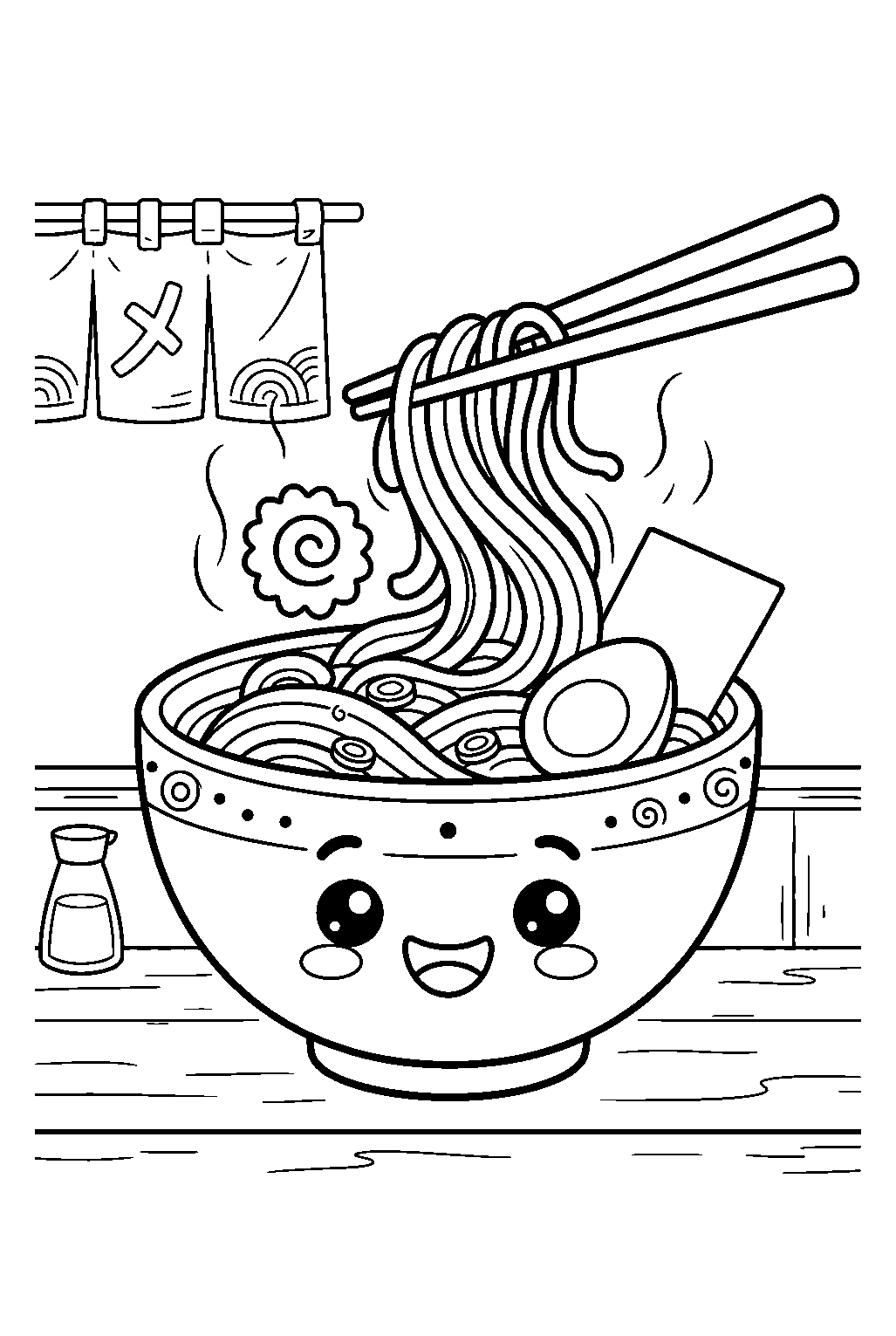 kawaii ramen bowl smiling while noodles lift in noodle shop line art