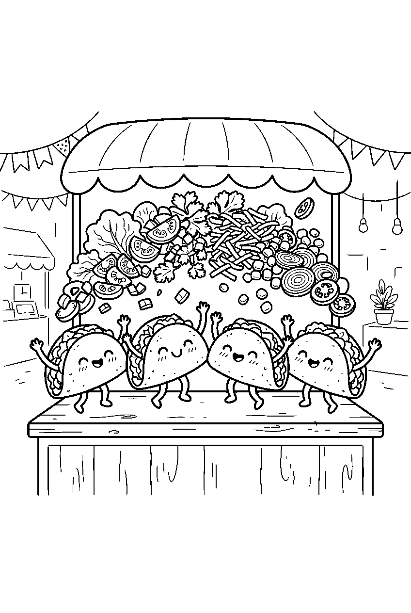 kawaii tacos cheering beneath vegetable fillings at street market line art