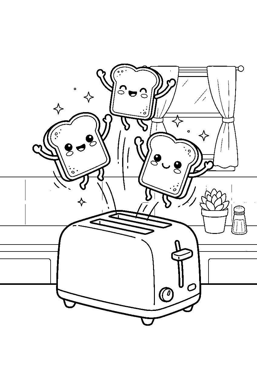 kawaii toast slices jumping from toaster in home kitchen line art
