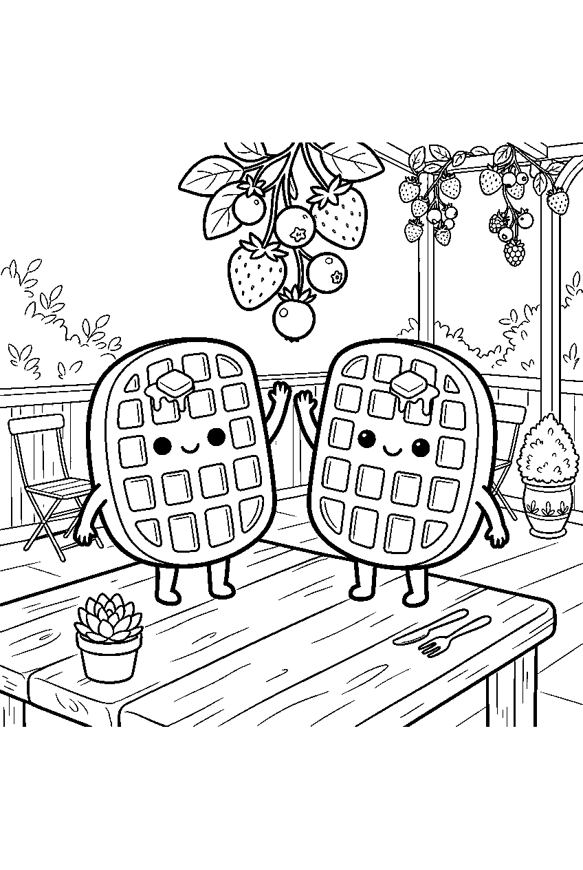 kawaii waffles waving beneath berries on brunch patio line art