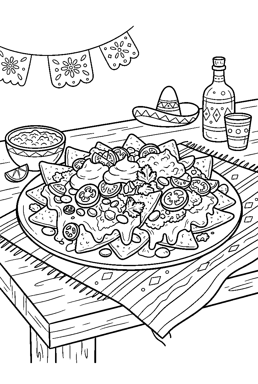 mexican nachos covered with cheese at fiesta table line art