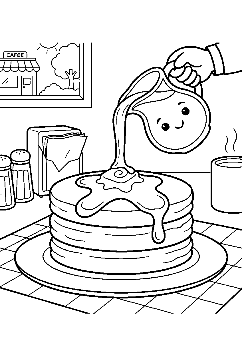 pancake stack receiving syrup at breakfast cafe line art