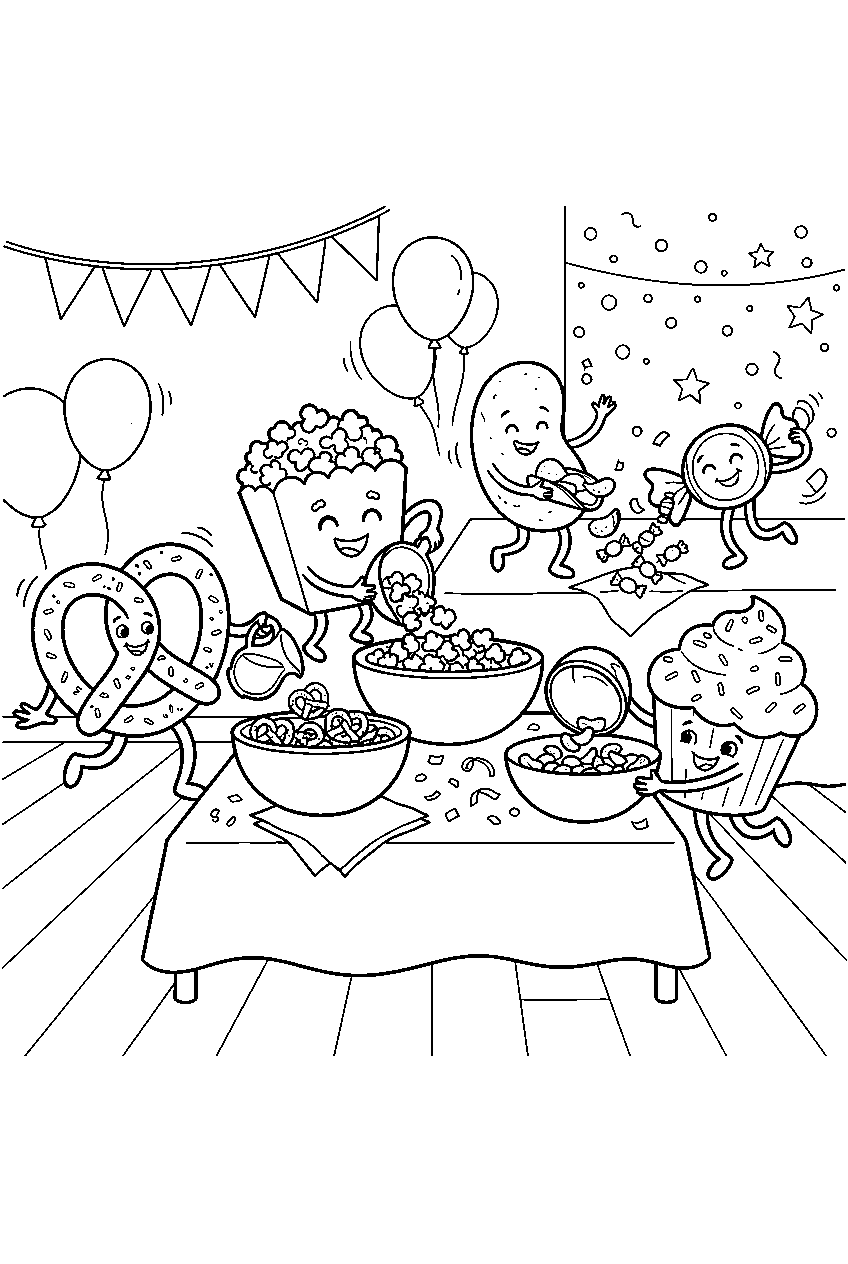 party snack characters dancing while pouring into bowls at birthday celebration line art