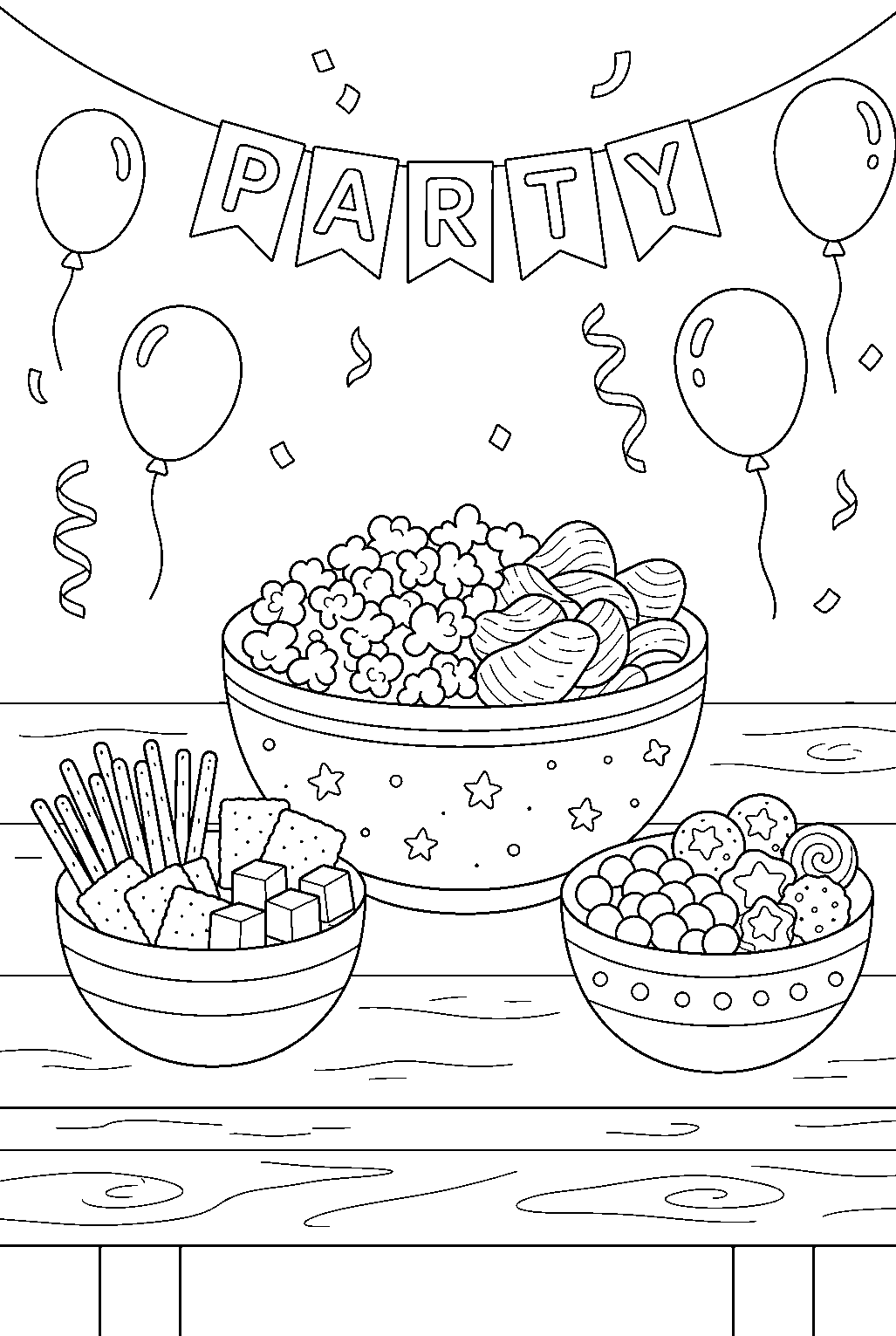 party snacks poured into bowls at birthday celebration line art