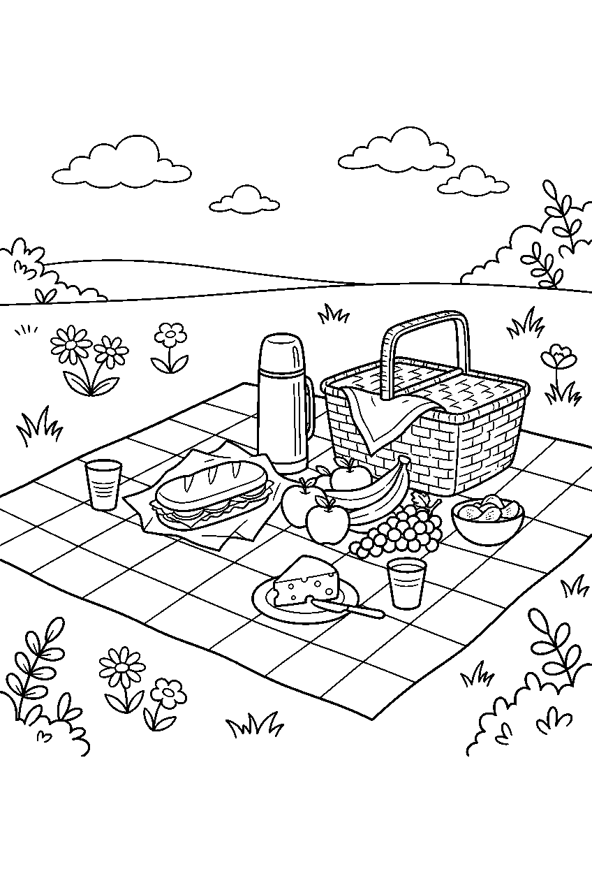 picnic foods unpacked onto blanket in meadow line art