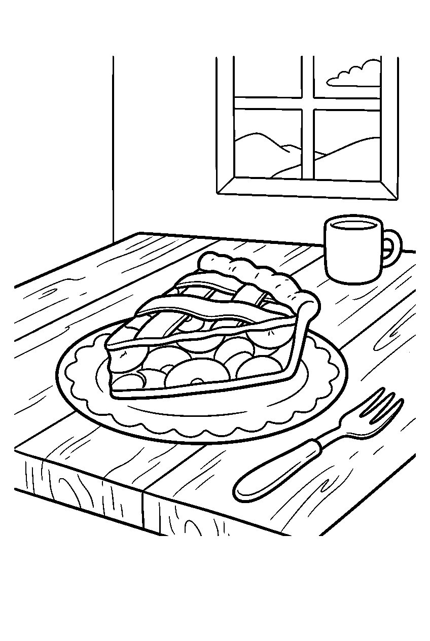 pie slice served on farmhouse kitchen table line art