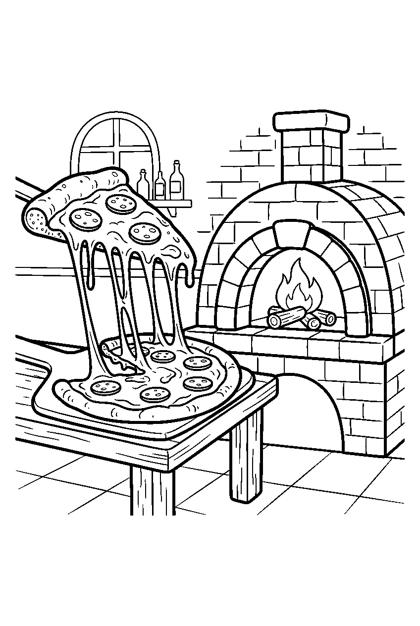 pizza slice stretching cheese beside pizzeria oven line art