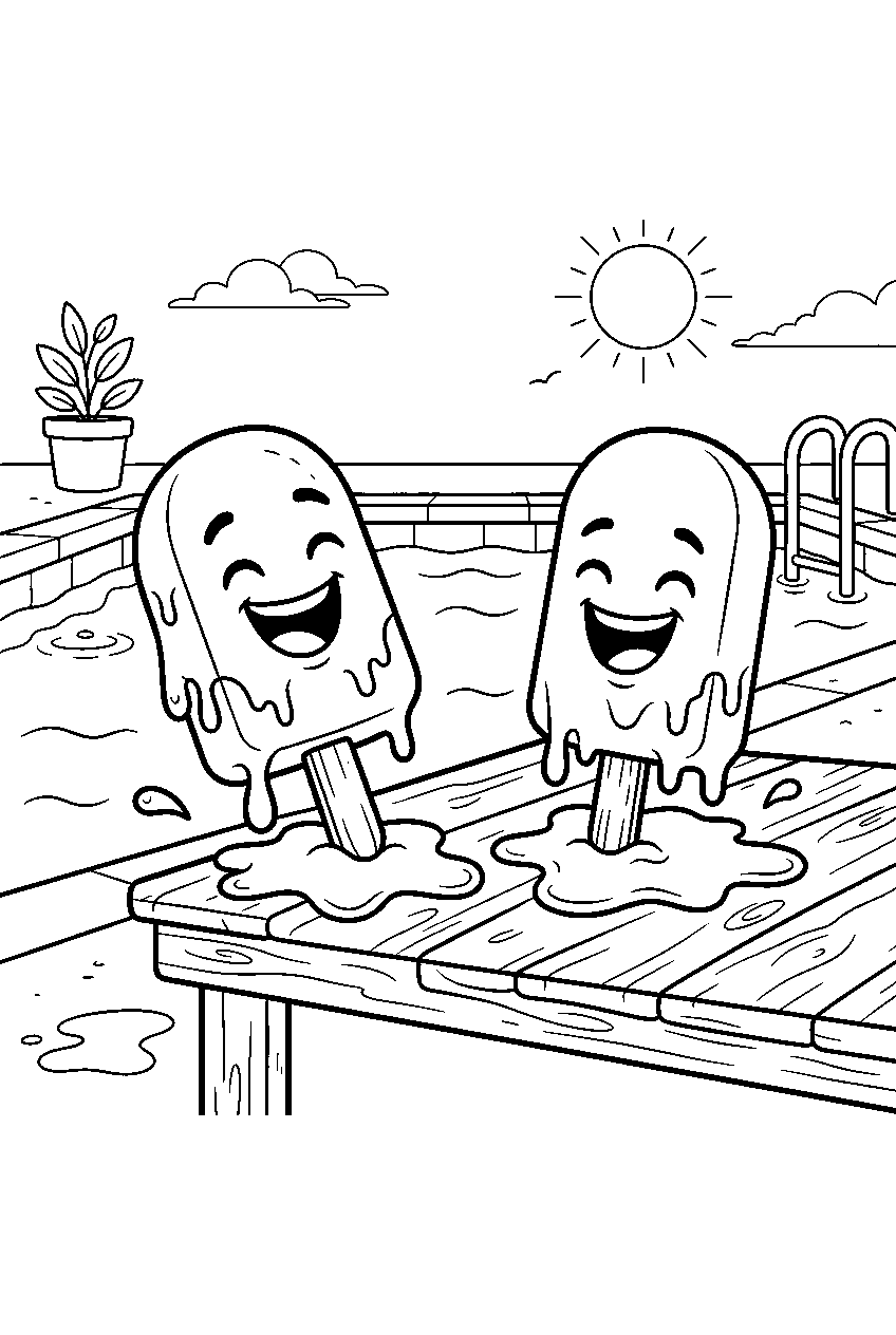 popsicle characters laughing while melting on poolside table in summer line art