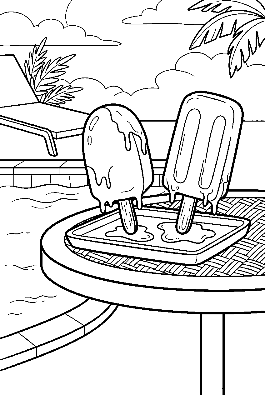 popsicles melting on poolside table in summer line art