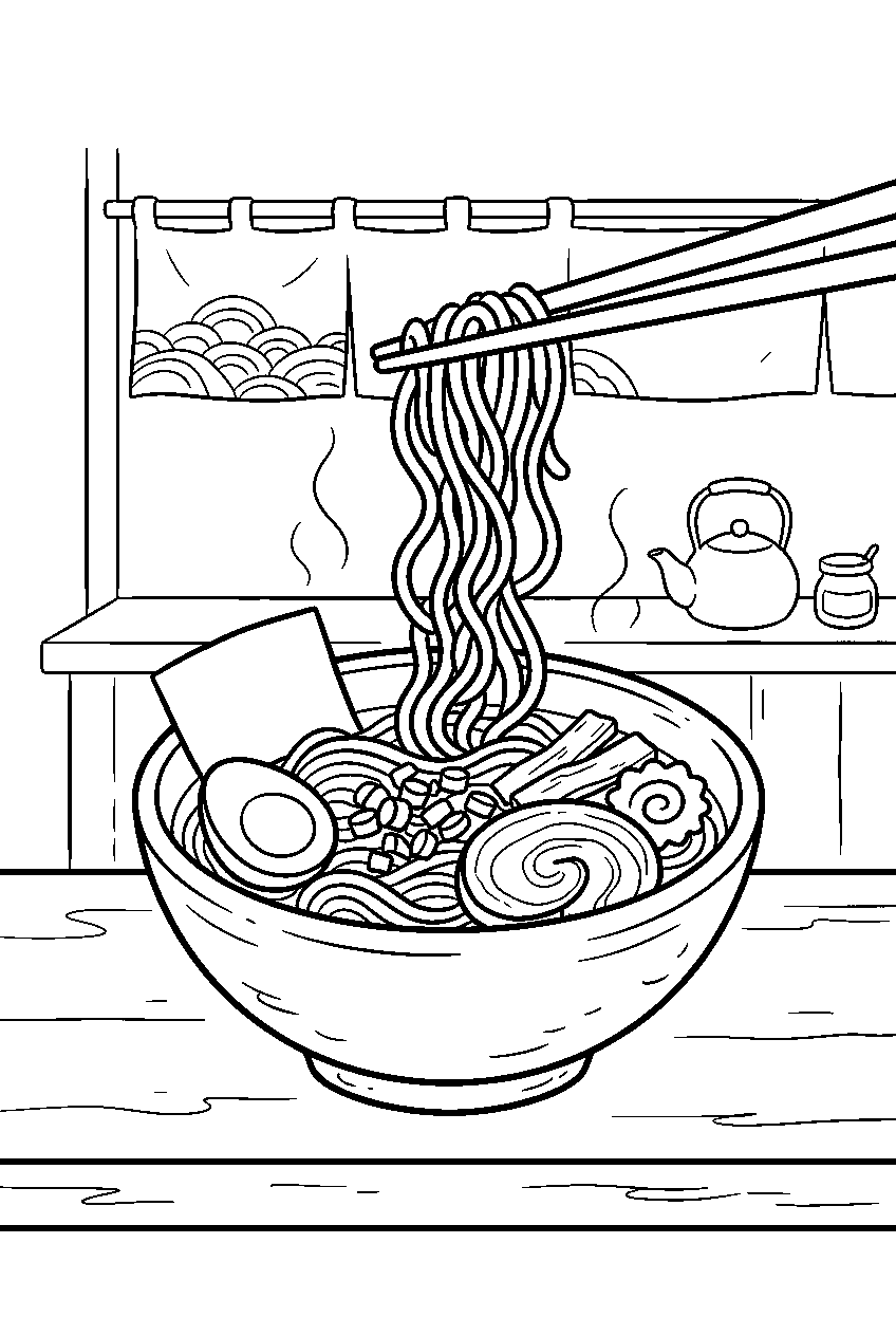 ramen noodles lifted from bowl in noodle shop line art