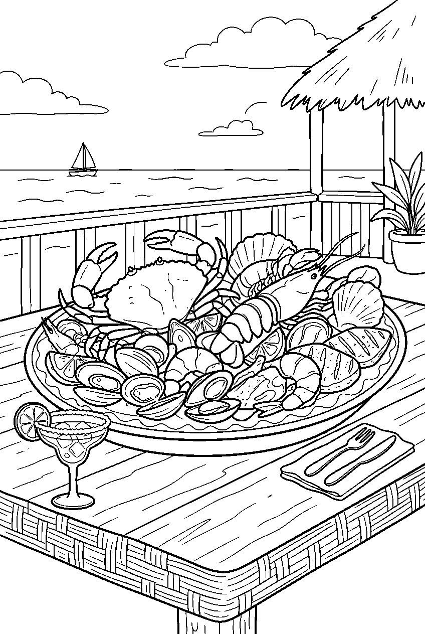 seafood platter served at seaside restaurant line art